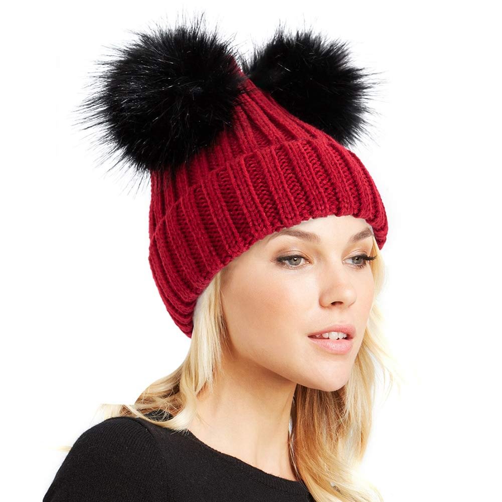 Womens Double Pom Pom Winter Beanie Bobble Hat Knitted Faux Raccoon Fur Detachable Ball Cap Adult Skull Hat