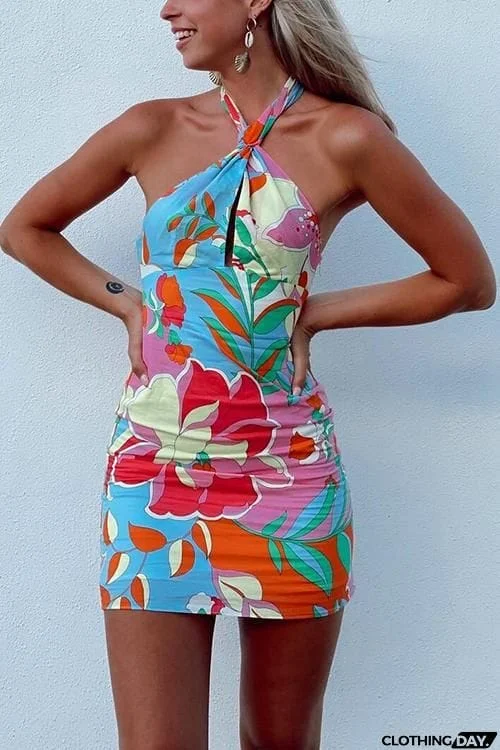 Print Halter Neck Backless Mini Dress
