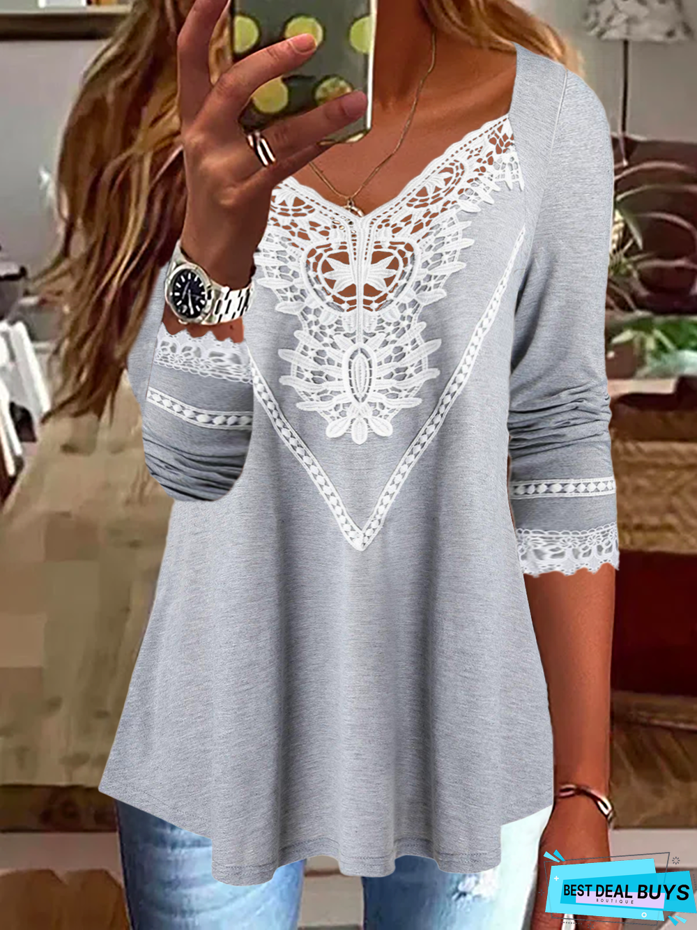 Casual Lace V Neck T-Shirt