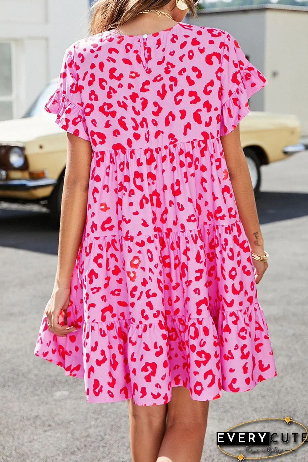 Pink Leopard Print Ruffle Short Sleeve Tiered Dress