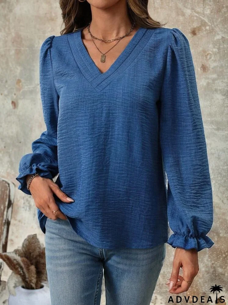 Women V-Neck Long Sleeve Casual Solid Blouse
