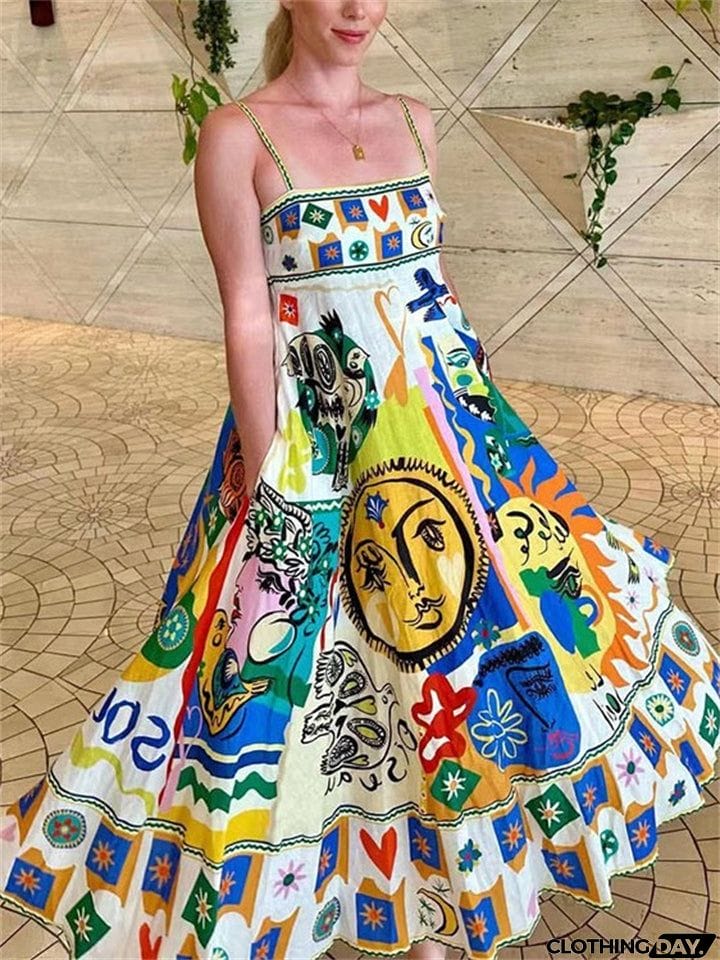 Women's Vogue Personality Graffiti Flowy Vacation Midi Sundress