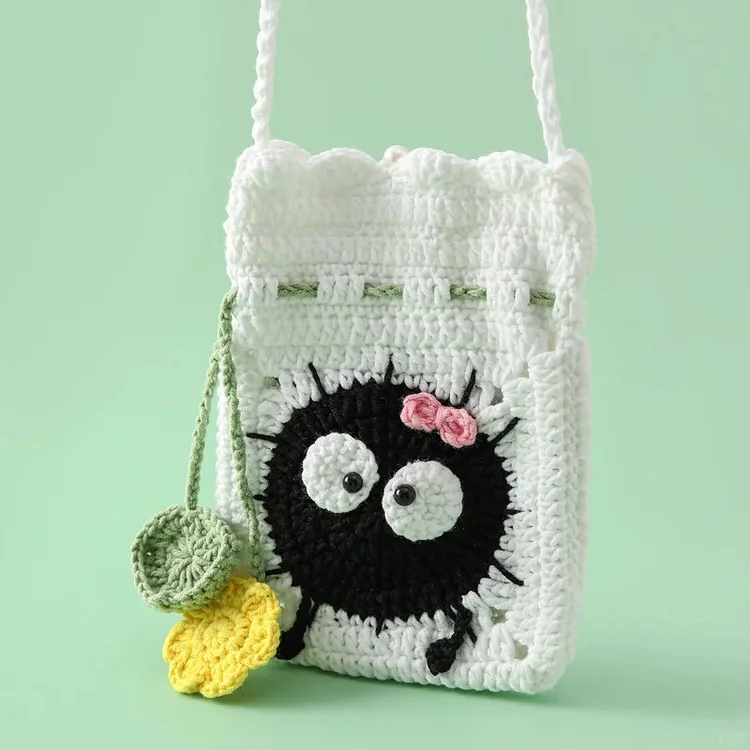 Lulusnow Handmade White Googly Eye  Crochet Crossbody Bag Phone Bag