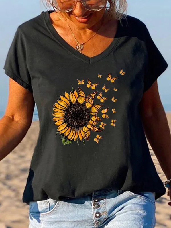 Short Sleeve Loose Sunflower Letter Printed T-shirt