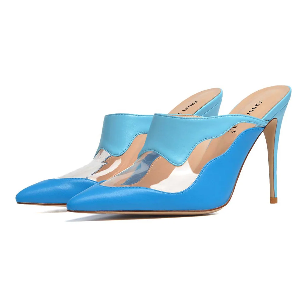 Blue Leather Pointed Toe High Heeled Mules Transparent Stiletto Heels