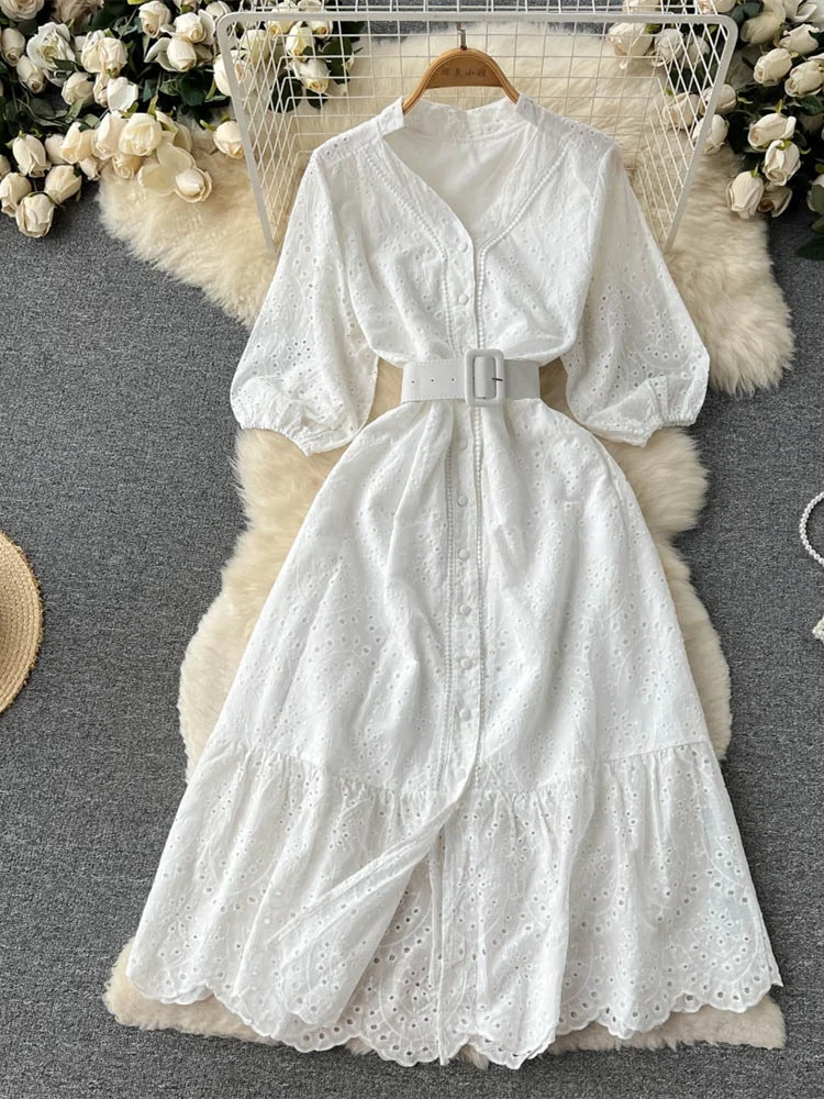 Woherb Cutwork Long Dress for Women Embroidery Cotton Maxi Dress Summer V-neck Puff Sleeve Casual Dress Female With Belt-Outfit Ideas