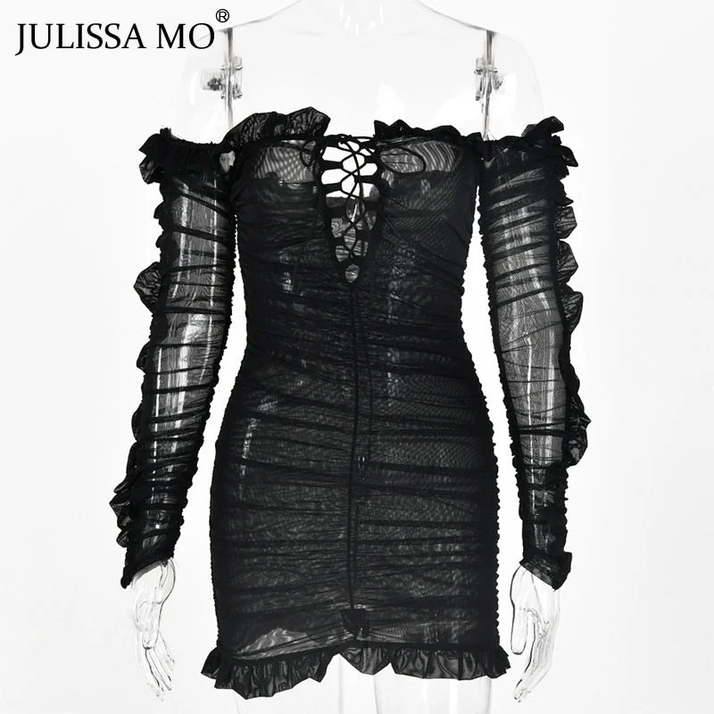 JULISSA MO Double Layers Mesh Bodycon Summer Dress Sexy Off Shoulder Ruffles Sleeve Dress Women Female Black Short Party Dresses
