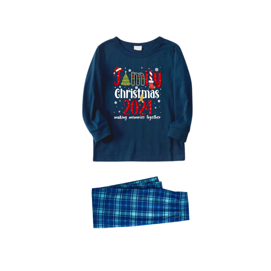 Snowflake and "Family Christmas 2024" Printed Blue Plaid Christmas Matching Pajamas