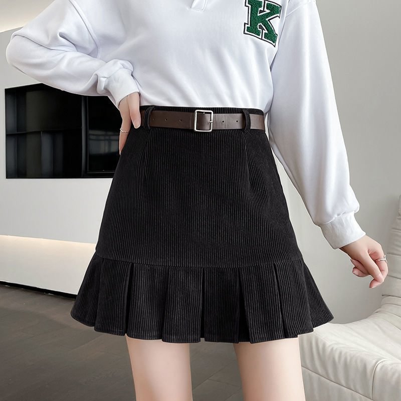 HOUZHOU Vintage Corduroy Pleated Skirt with Belt Women Autumn Winter Preppy Style High Waist A-line Mini Skirts Korean Fashion