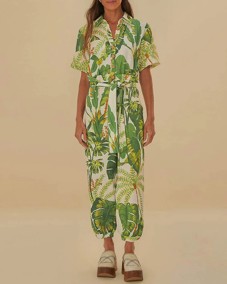 Women's Fashion Printed Loose Short Sleeve Jumpsuit