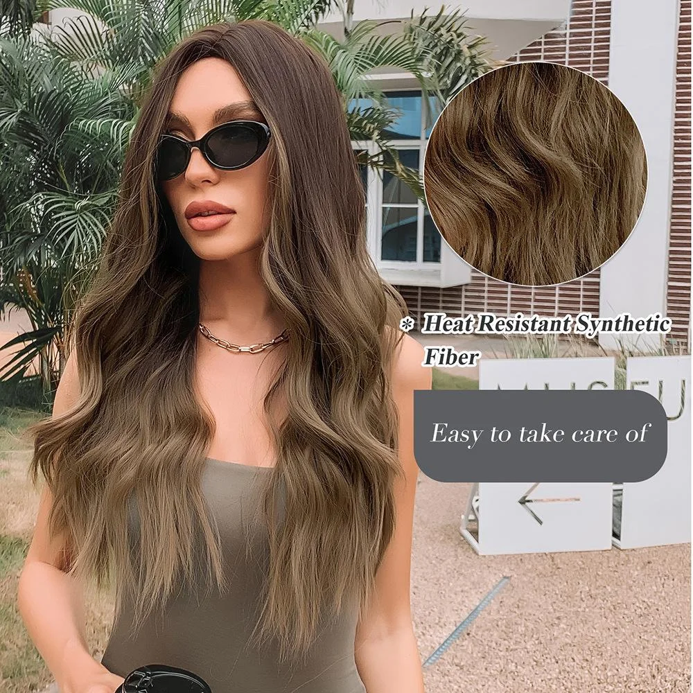 Long Wavy Synthetic Wigs Ombre Brown Middle Part For Women