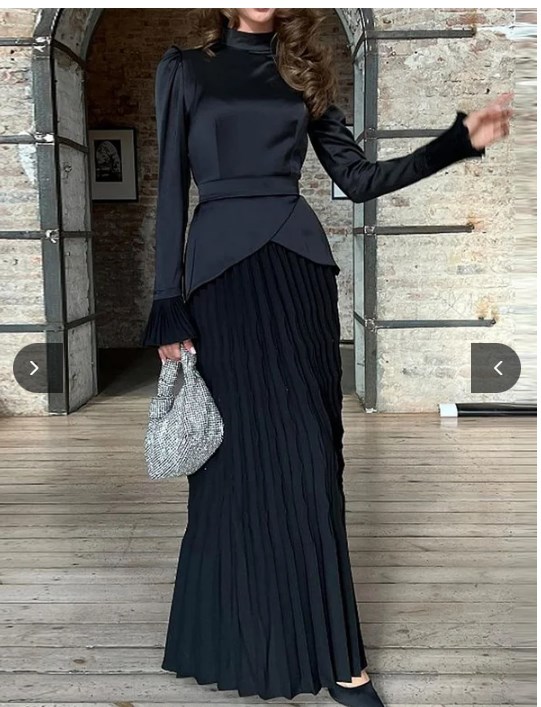 Women's Solid Color Fashion Splicing Round Neck Pleated Dress | Oxredo Shop Ramadan Sale