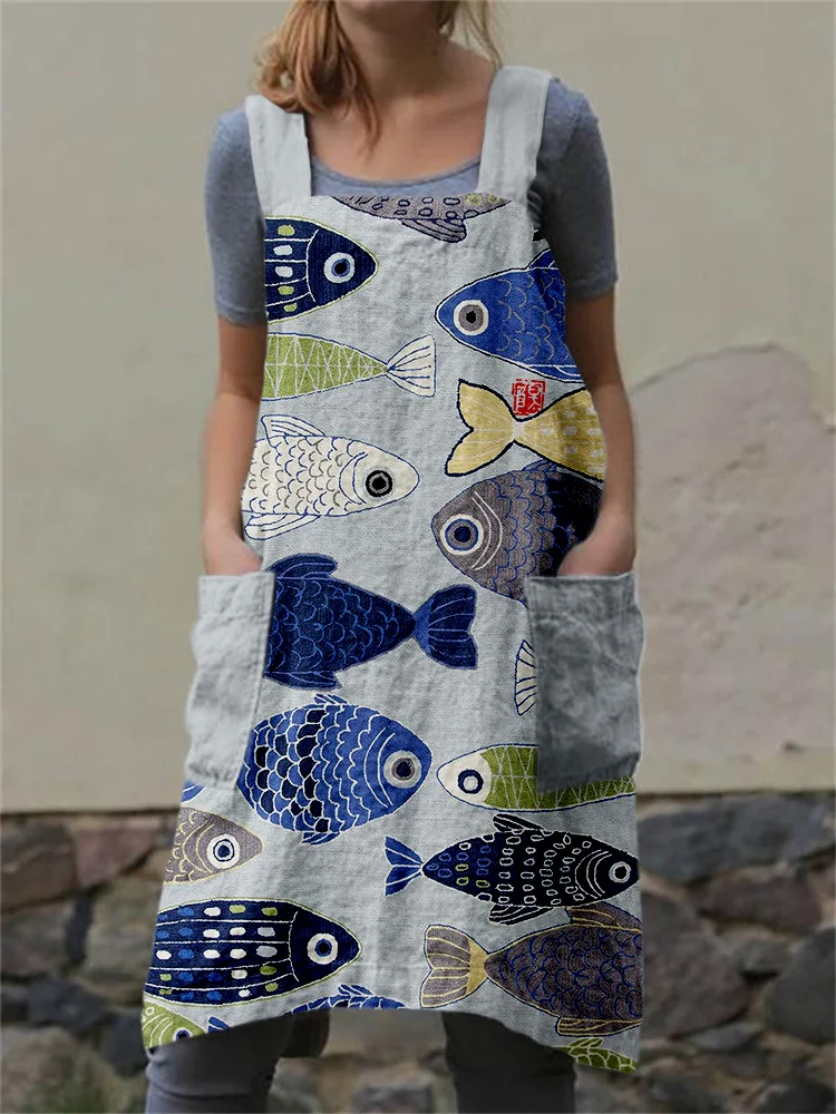 Comstylish Vintage Fish Japanese Art Cross Back Apron