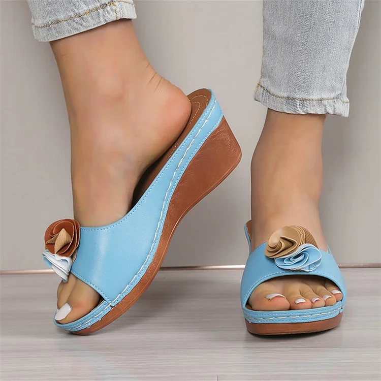  Women's Comfy Leather Solid Flower Strap Wedge Sandals