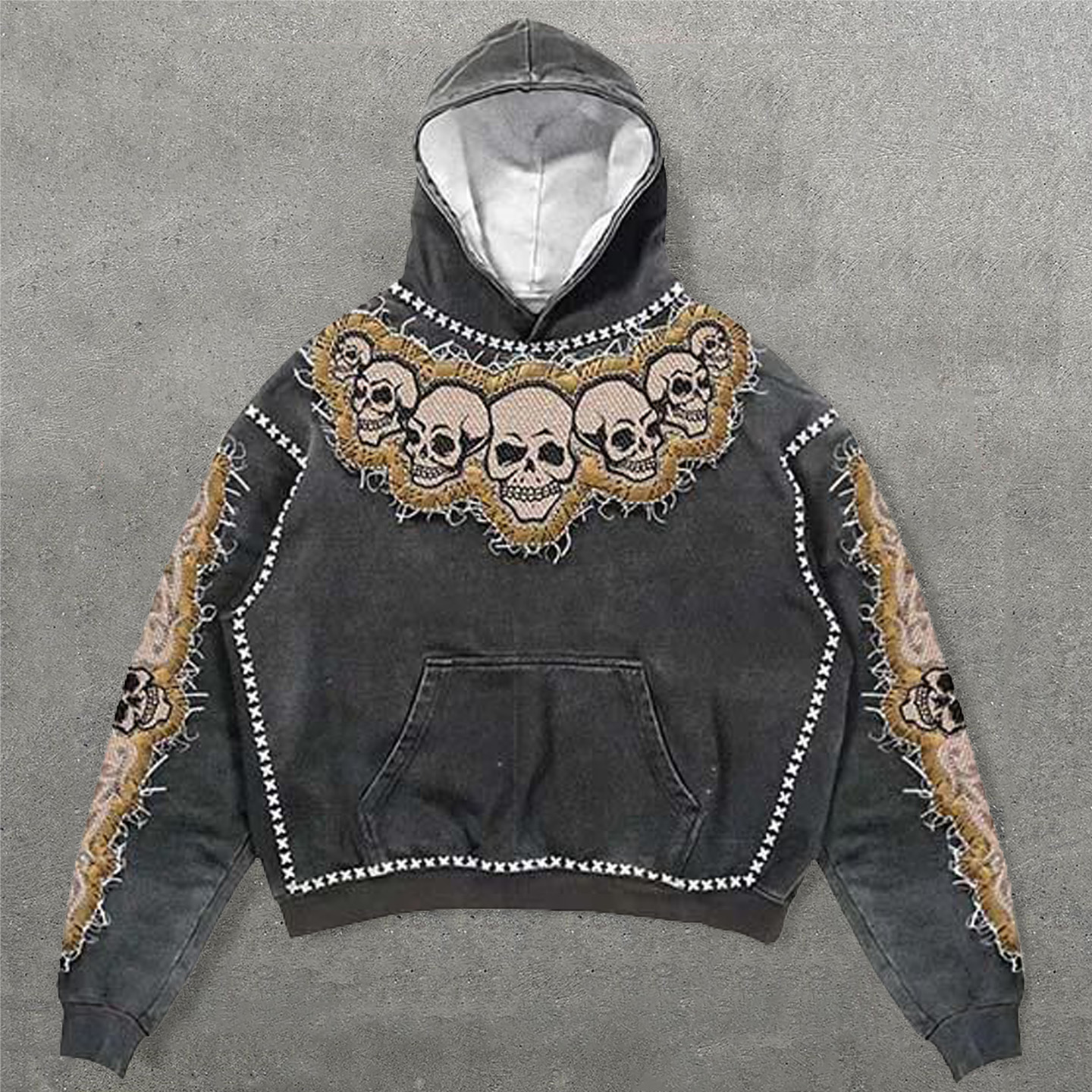 Pentagram Skull Faux Decal Print Long Sleeve Hoodies