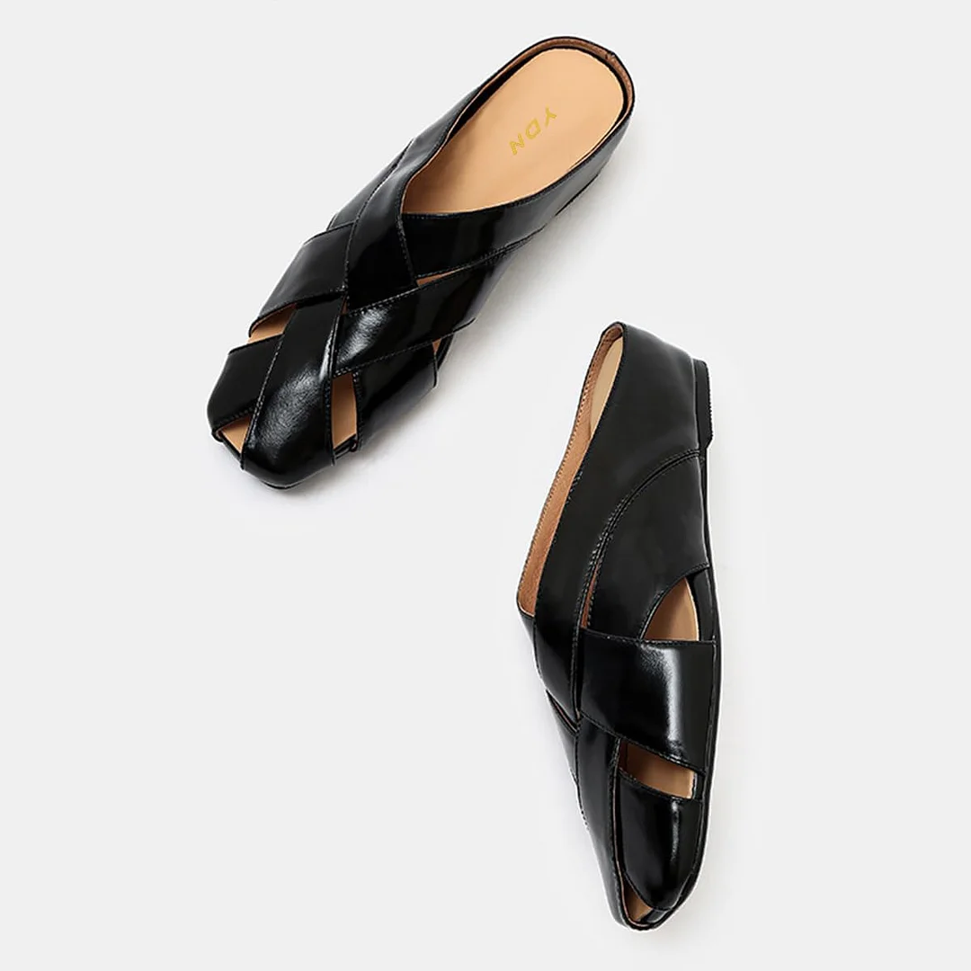 Black Vegan Leather Square Toe Woven Women's Flat Backless Mules