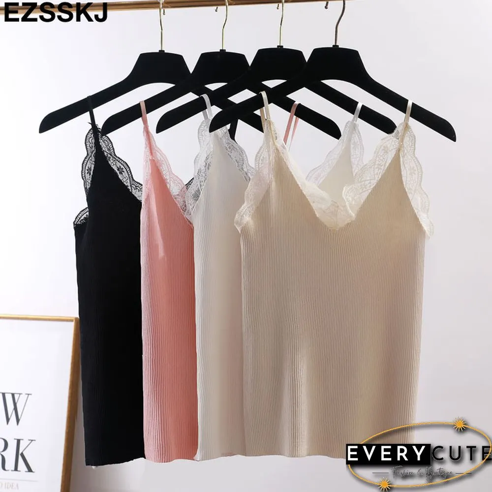 Sexy Basic Lace Camisole Summer Knit Tank Top Women Adjustable strap female camis high