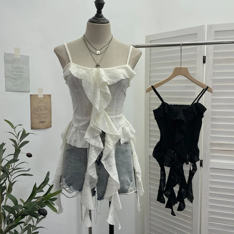 Uveng Dark Wasteland To Make Old Hole Slings Vest Irregular Lotus Side Ribbon Short Sleeveless Top 9238