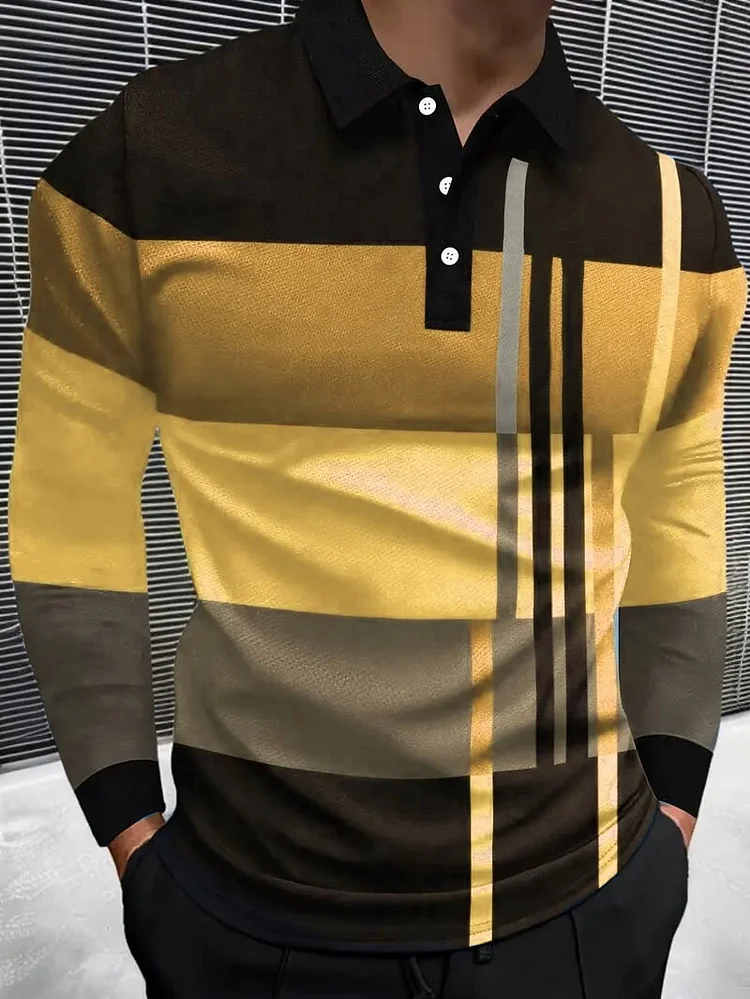 Men's Business Casual Striped Long-Sleeved Polo Shirt