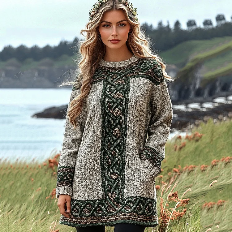 Utbros Women's Irish Celtic Knot Jacquard Contrast Tape Sweater Dress
