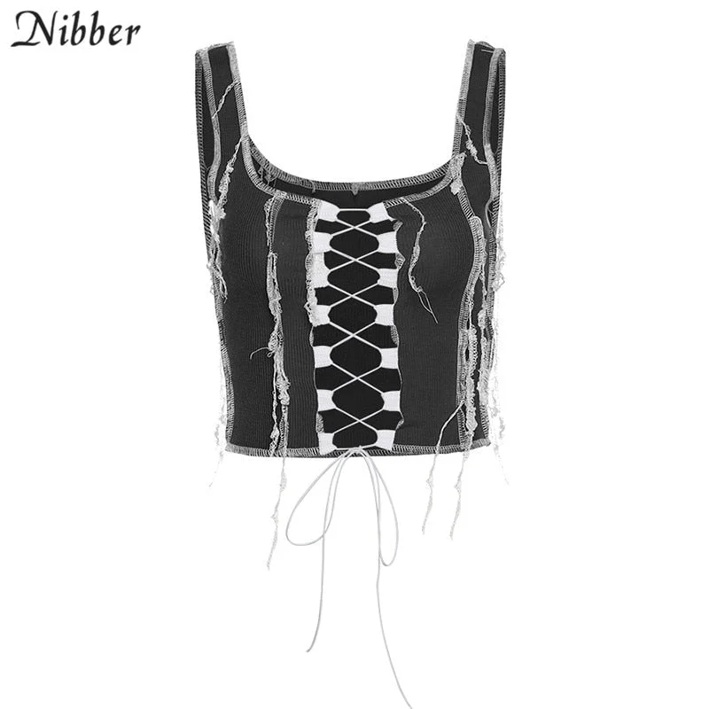 Nibber vogue knitting hollow out camisole leisure woman sleeveless street wear sexy activity party club lace up female tank top