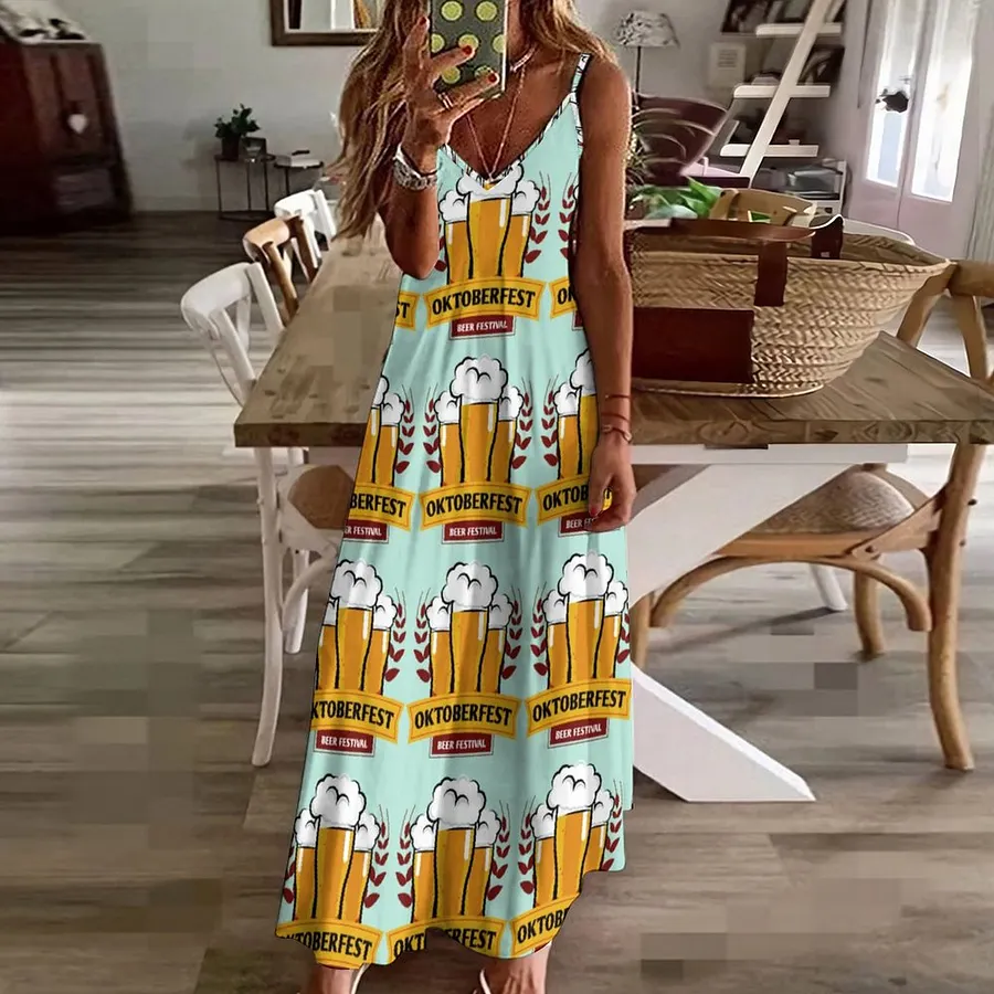 Oktoberfest ed Women's Casual Strappy V Neck Sleeveless Flowy Loose Long Maxi Beach Dress Sundress Geometric-M