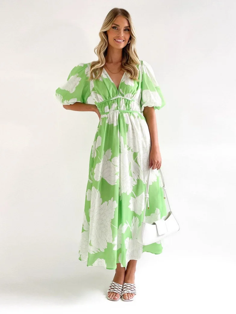 Athvotar Athvotar Summer Print V-Neck Sexy Bohemian Bubble Sleeve Holiday Beach Dress