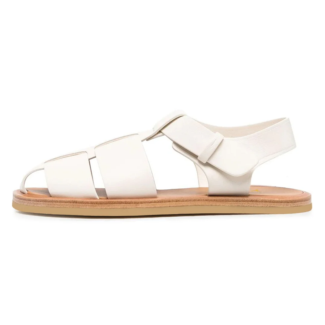 Women's Vegan Leather Round Toe Cage Flat Ivory Comfy Sandals