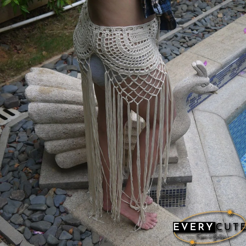 Handmade Crochet Long Skirt Festival Boho Skirt Gypsy, Crochet Tassel Beach Skirt, With Long Fringe