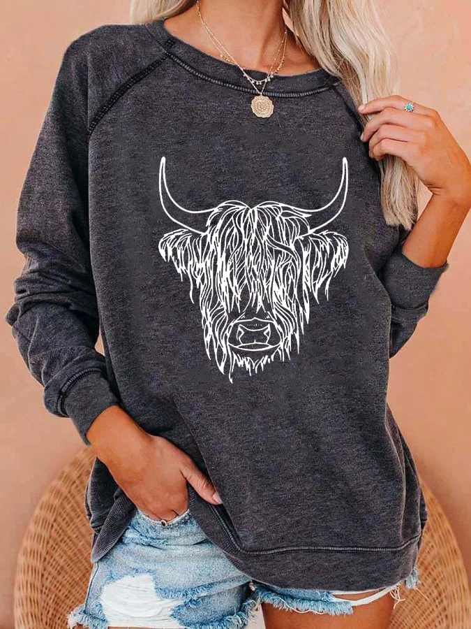 Women's Western Retro Highland Cow Printed Sweatshirt socialshop