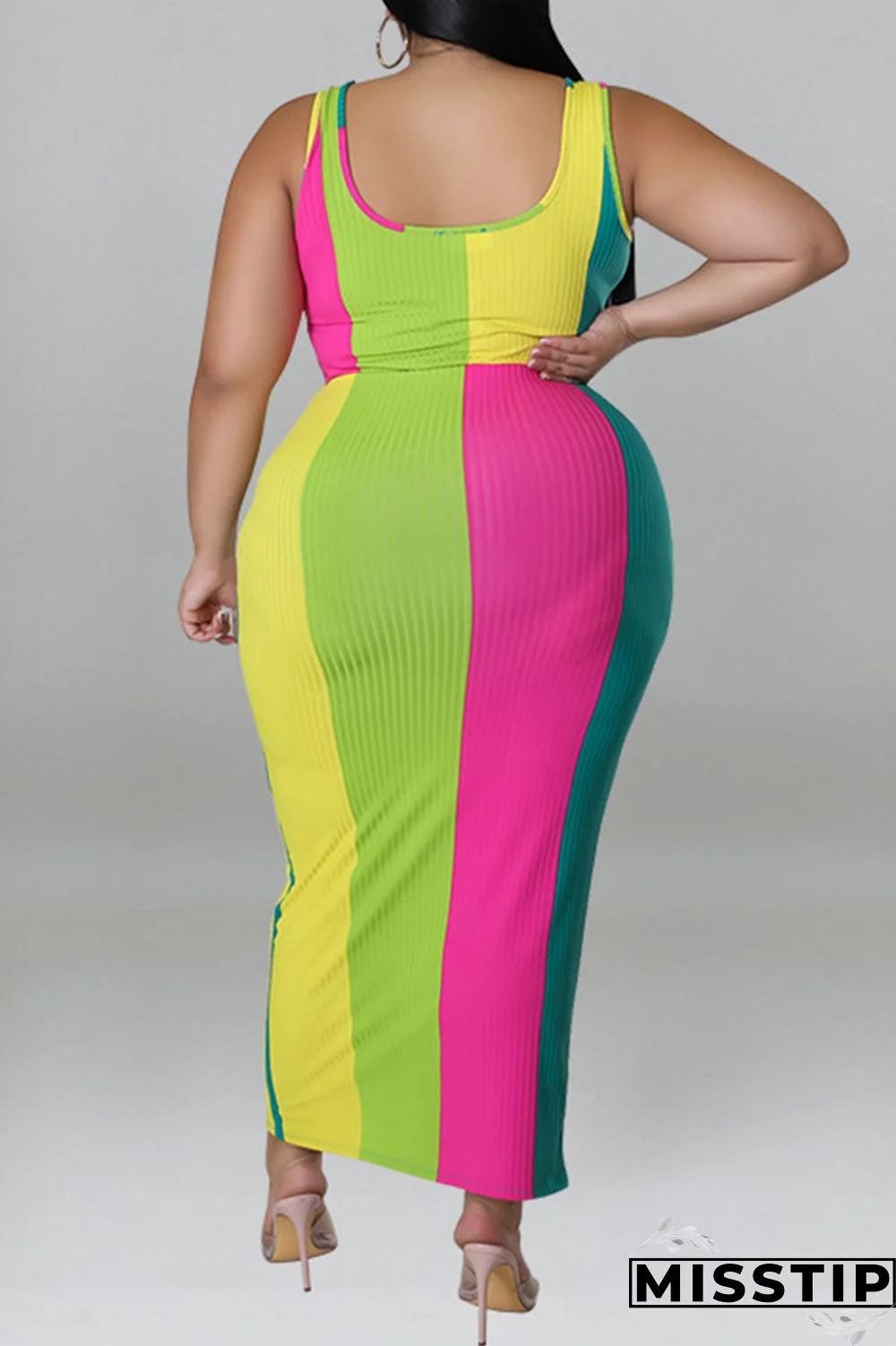 Blue Fashion Casual Striped Print Patchwork Contrast U Neck Plus Size Two Piece Set