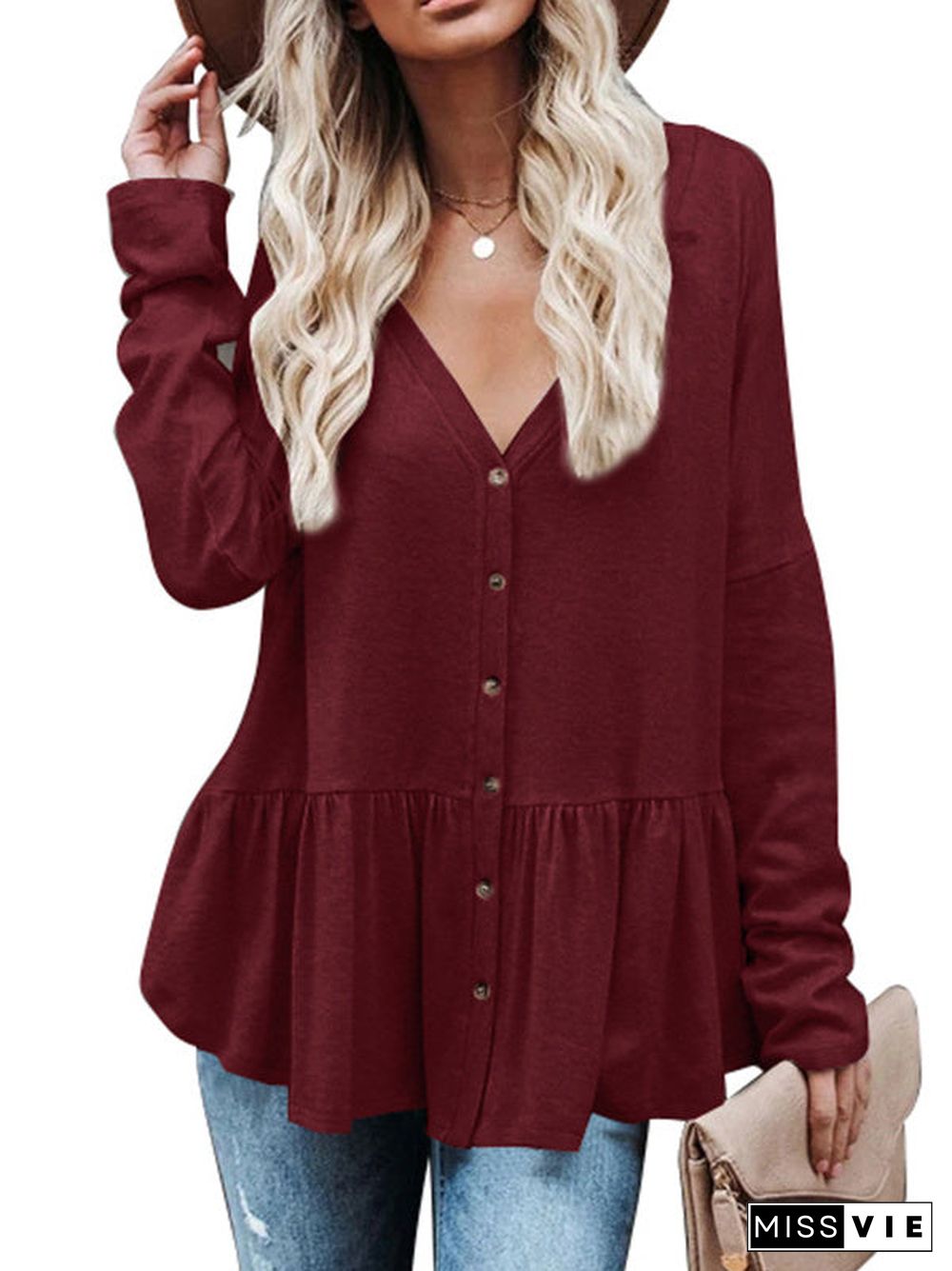 Women's Long Sleeve V-neck Pleats Casuals Shirt