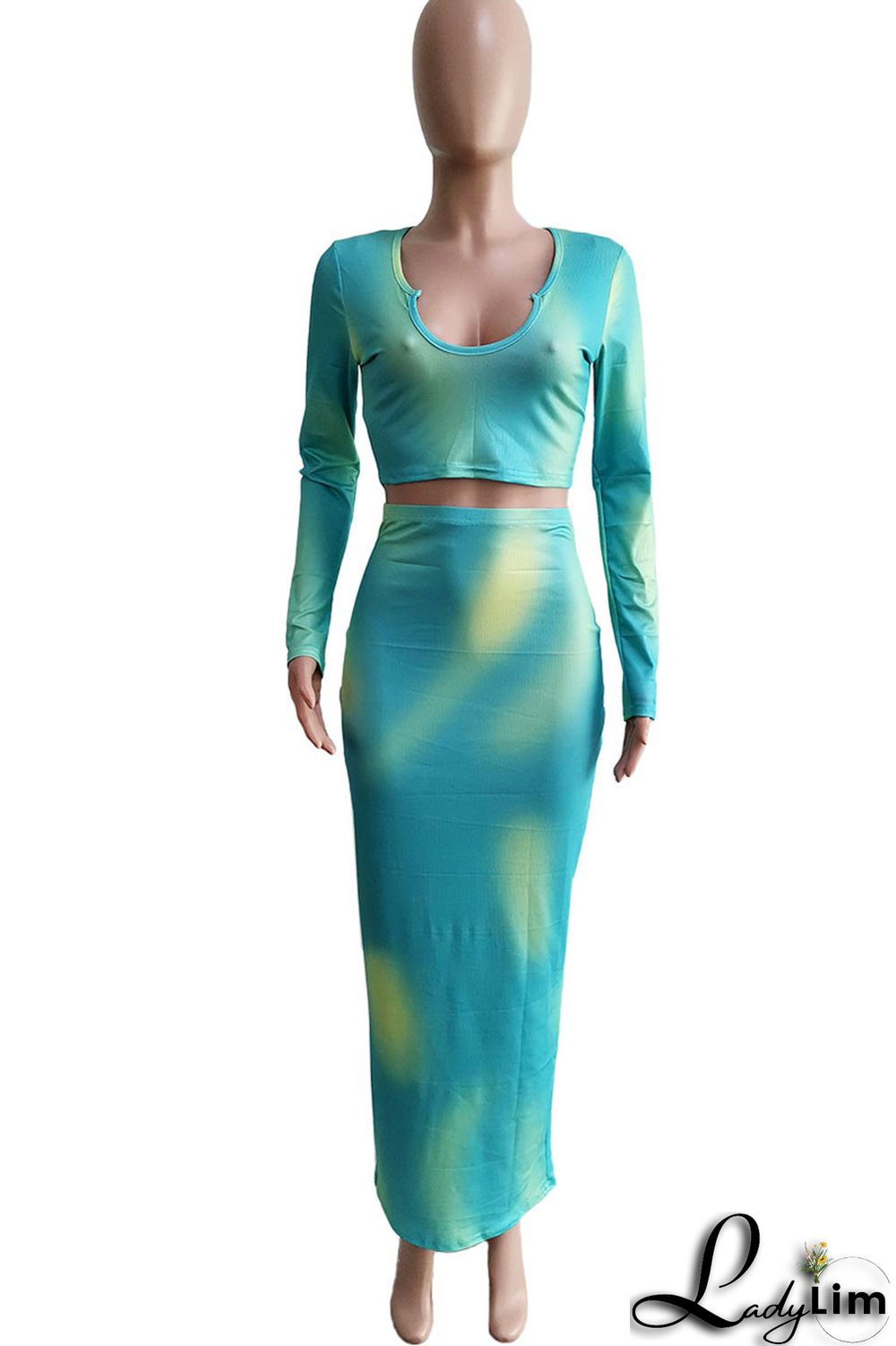 Lake Green Sexy Print Patchwork O Neck Long Sleeve Two Pieces