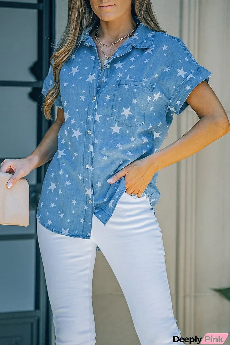 Star Print Chambray Short Sleeve Shirt