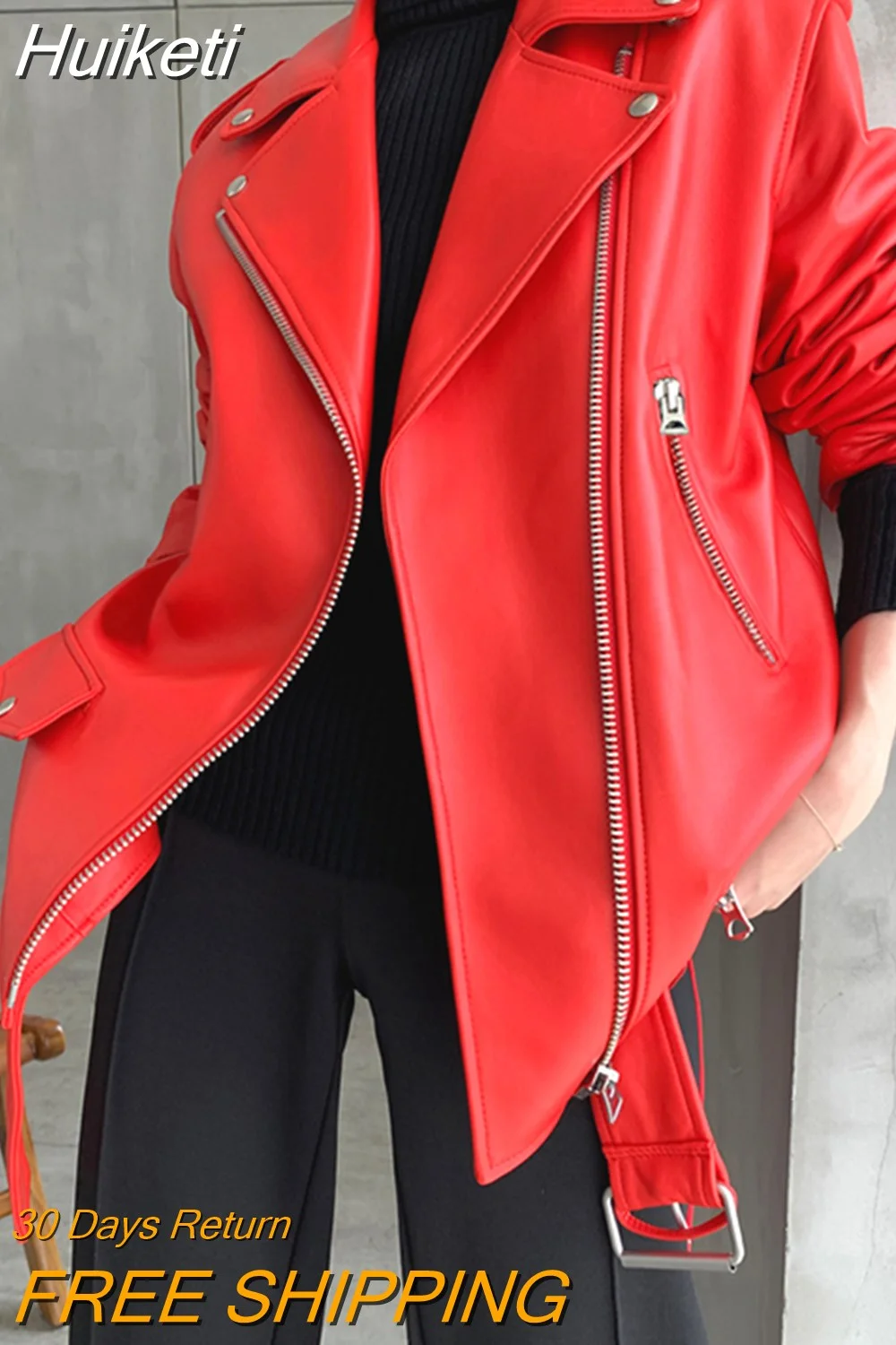 Huiketi Autumn Womens Leather Motorcycle Biker Jacket Zipper Long Sleeve Loose Red Black Soft Faux Leather Jacket for Women 2023