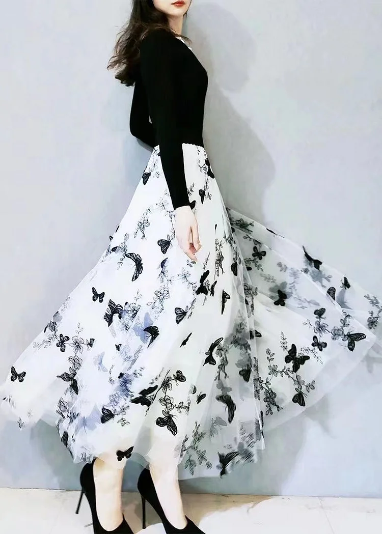Fashion White Butterfly Embroideried Exra Large Hem Loose Tulle Skirt Spring