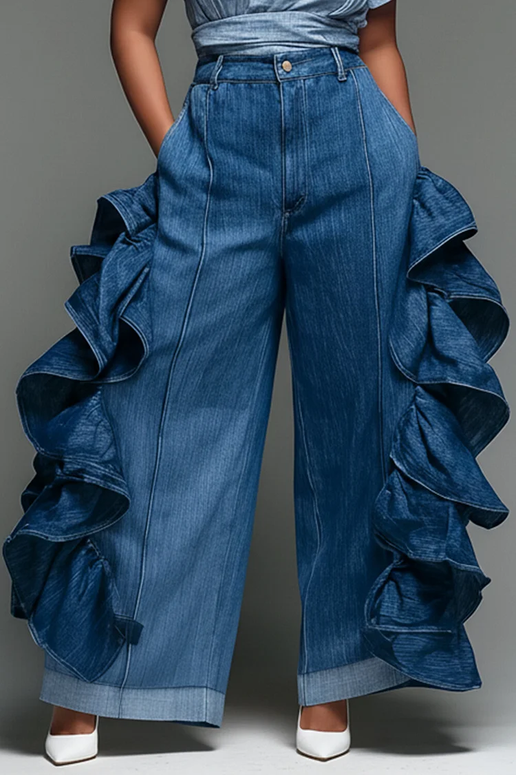 Xpluswear Design Plus Size Daily Casual Blue Ruffle Pocket Denim Jeans [Pre-Order] 2024 - Xpluswear