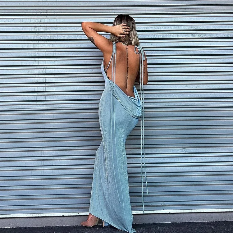 Hugcitar Swing Collar Backless Sleeveless Drawstrings Hollow Out Slit Sexy Maxi Prom Dress 2022 Summer Women Party Y2K Robe