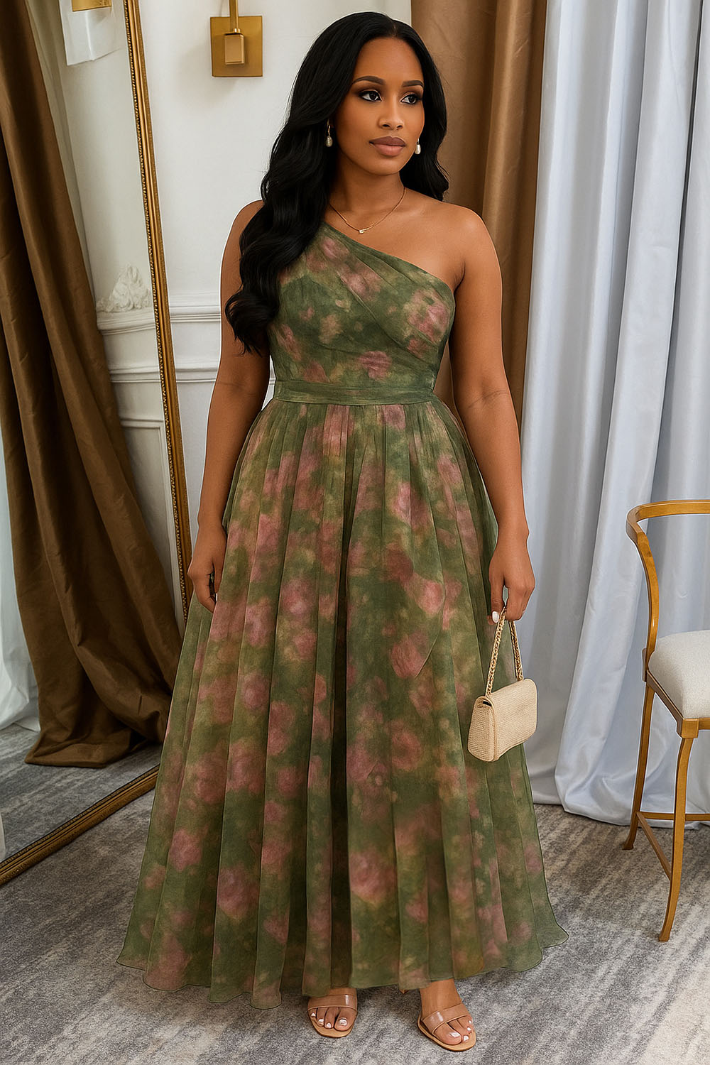 One Shoulder Cinched Floral Print Mesh Party Maxi Dresses-Green [Pre Order]