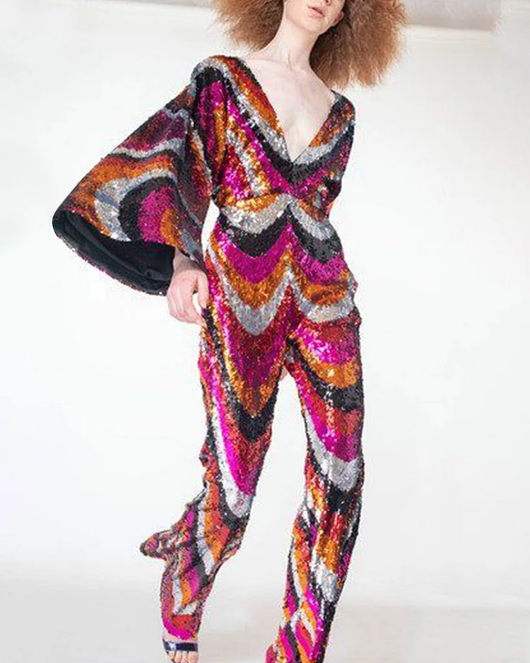 Elegant V-neck rainbow stripe jumpsuit