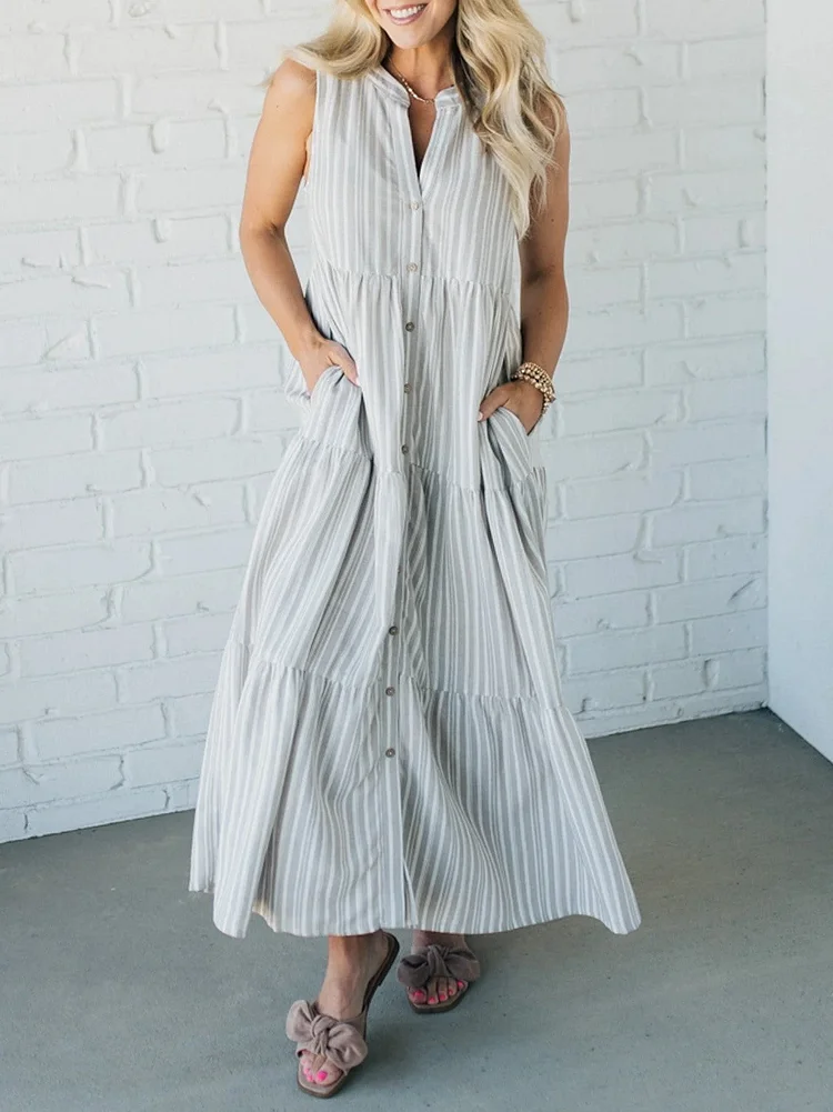 👗 Women's V-neck striped button front tiered dress