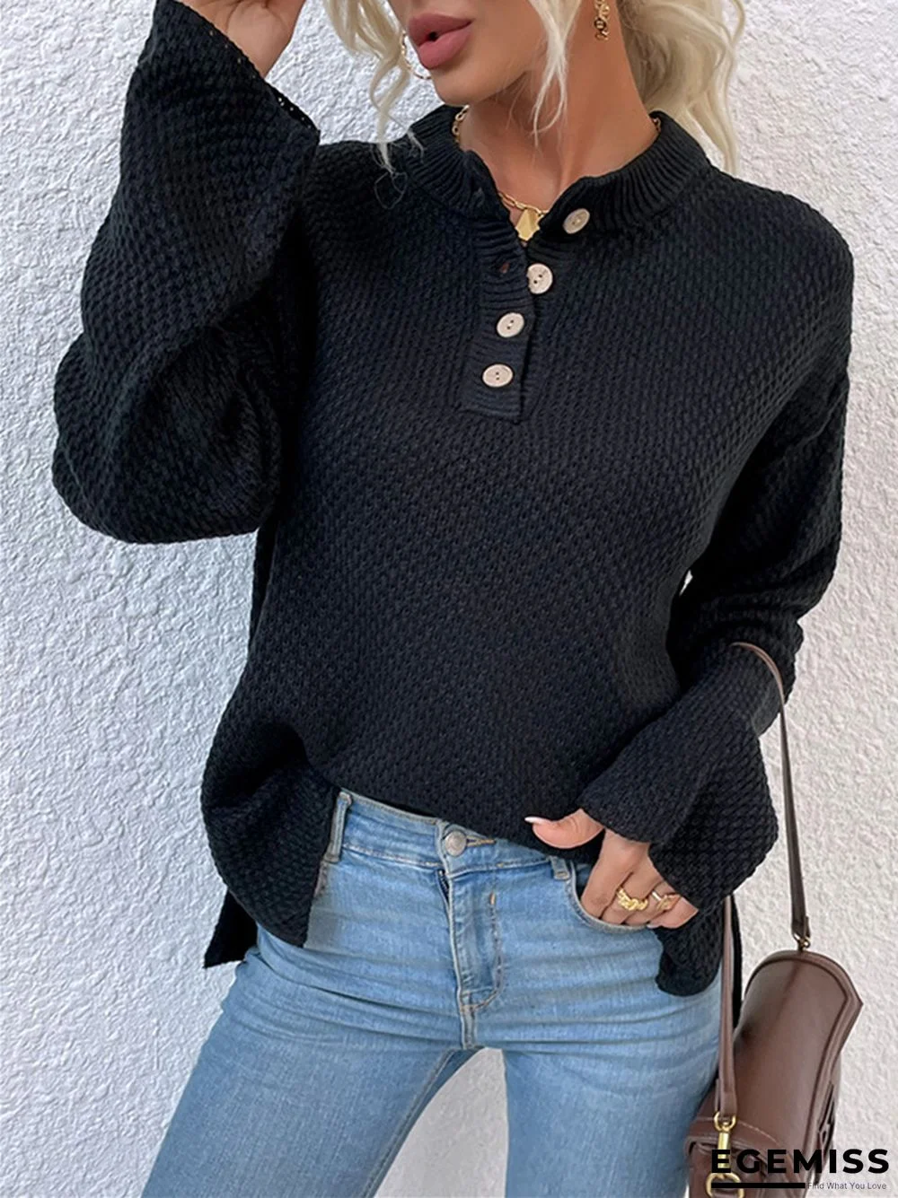 Casual Solid Color Sweater with Round Neck and Buttons | EGEMISS