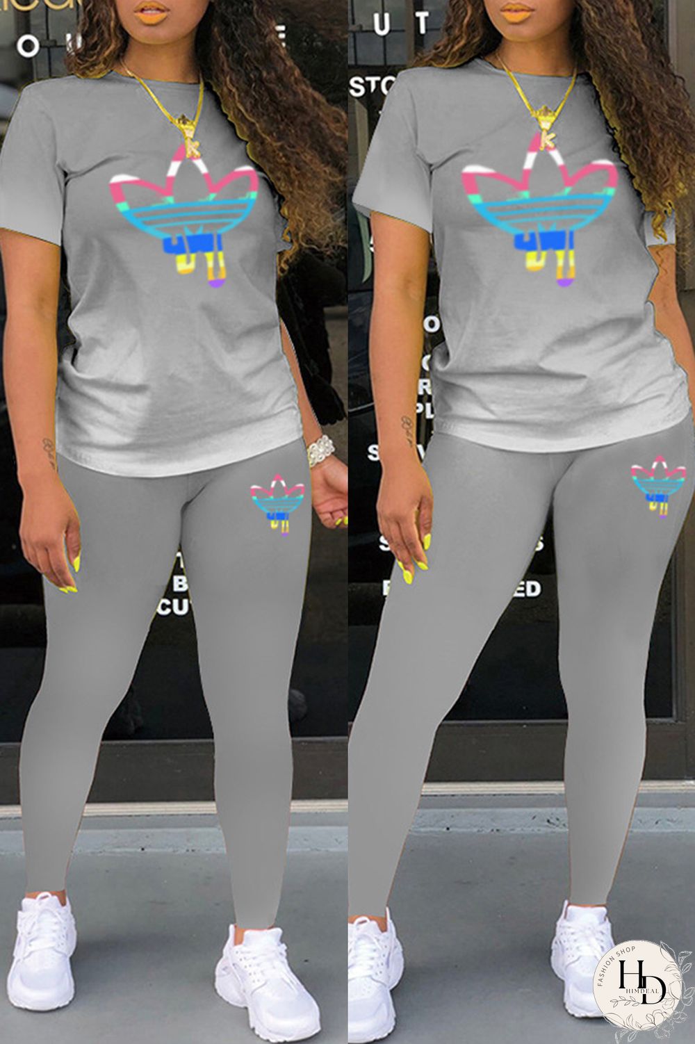 Black Casual Gradual Change Print Basic O Neck Short Sleeve Two Pieces