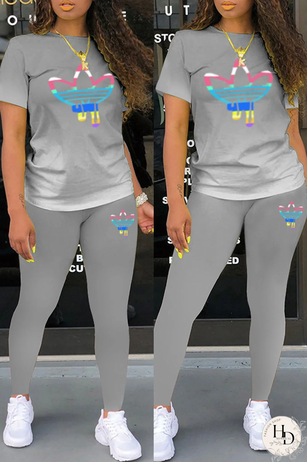 Black Casual Gradual Change Print Basic O Neck Short Sleeve Two Pieces