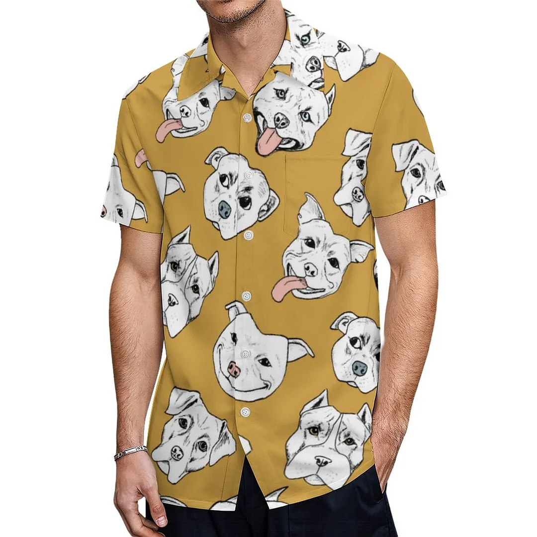 Short Sleeve Pit Bull Terrier Dog Drawing Hawaiian Shirt Mens Button Down Plus Size Tropical Hawaii Beach Shirts