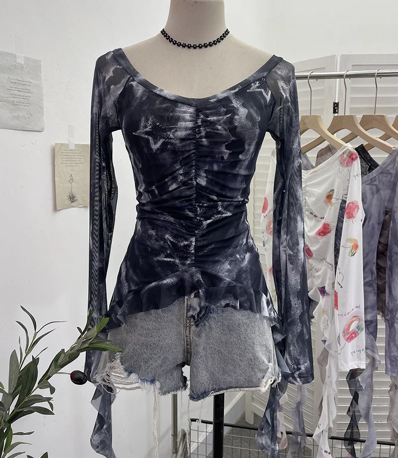 Uveng Real Shot One-字 Collared Shoulder Long-Sleeved Mesh Printing Top Irregularly Folded Lotus Leaves With Short T-Shirt 9937