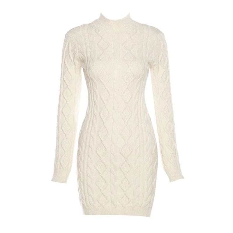 Fall Winter Backless Knitted Dress Streetwear 2023  Women Hollow Out Turtleneck Long Sleeve Pencil Dress Vestidos
