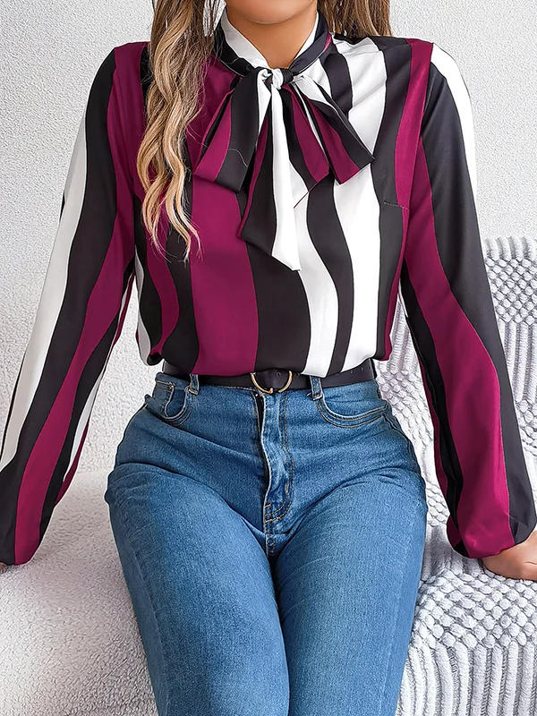 Contrast Color Elasticity Striped Tied Long Sleeves Loose Mock Neck Blouses&Shirts Tops
