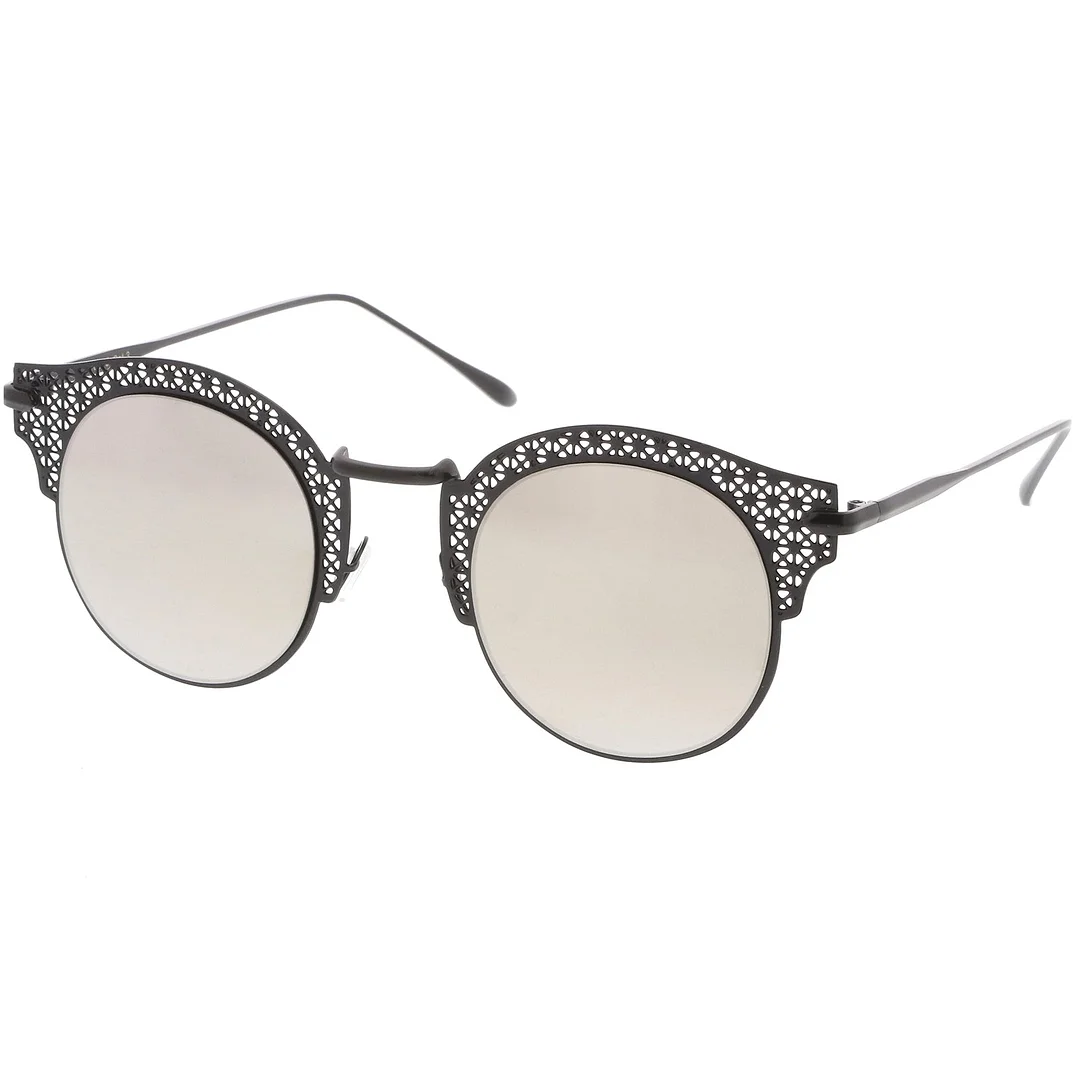 Women's Open Metal Cutout Slim Arm Round Flat Lens Half Frame glasses 50mm