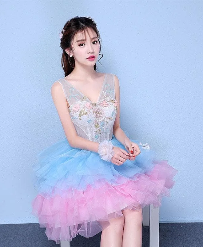 Cute V Neck Blue And Pink Short Prom Dress, Sweet 16 Dress